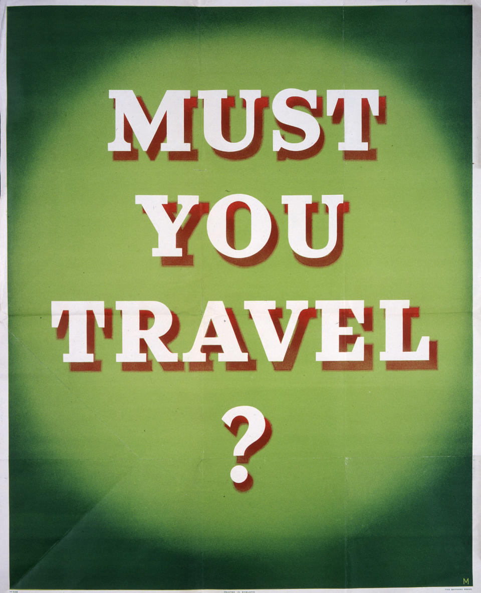 UNITED KINGDOM - MAY 10:  Must You Travel WWII poster Railway Executive Committee  (Photo by The National Archives/SSPL/Getty Images)