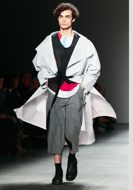 Pratt graduate Victoria Aguilar’s design paired an elegantly oversized coat with newsboy-style cropped pants — a silhouette that appeared in several students’ designs and is worth copying.