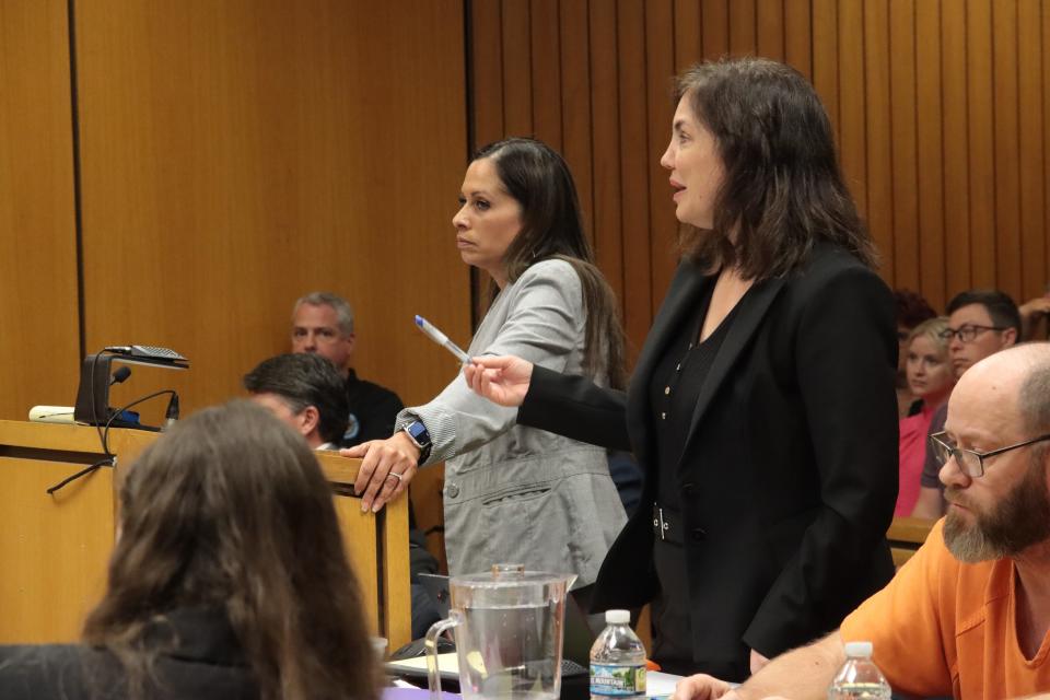 Lenawee County Prosecutor Jacky Wyse, standing left, listens as Dale Warner's lead attorney, Mary Chartier, makes an objection Friday in Lenawee County District Court. This was the third day of a preliminary interaction into the murder and evidence tampering charges against Warner in the disappearance of his wife, Dee.