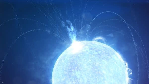  illustration of a star with bursts of material arcing at the top. the entire image is tinged in blue 