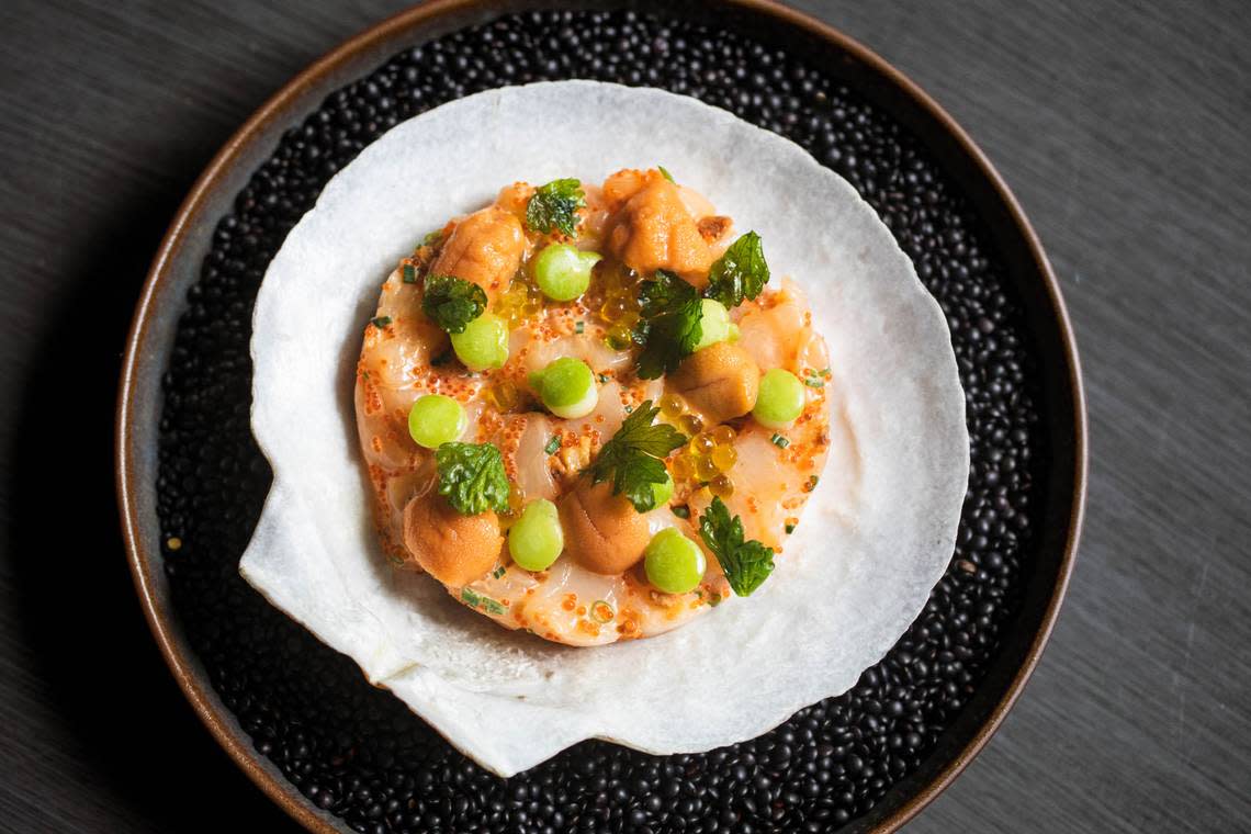 One of the standout small plates at Leku Fish & Garden is tartar de viera, Hokkaido scallops with Tobiko caviar, green apple, crispy onions and uni.