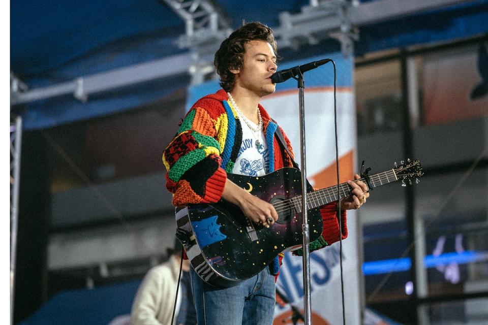 Harry Styles in a JW Anderson patchwork cardigan (Nathan Congleton/NBC/NBCU Photo Bank)