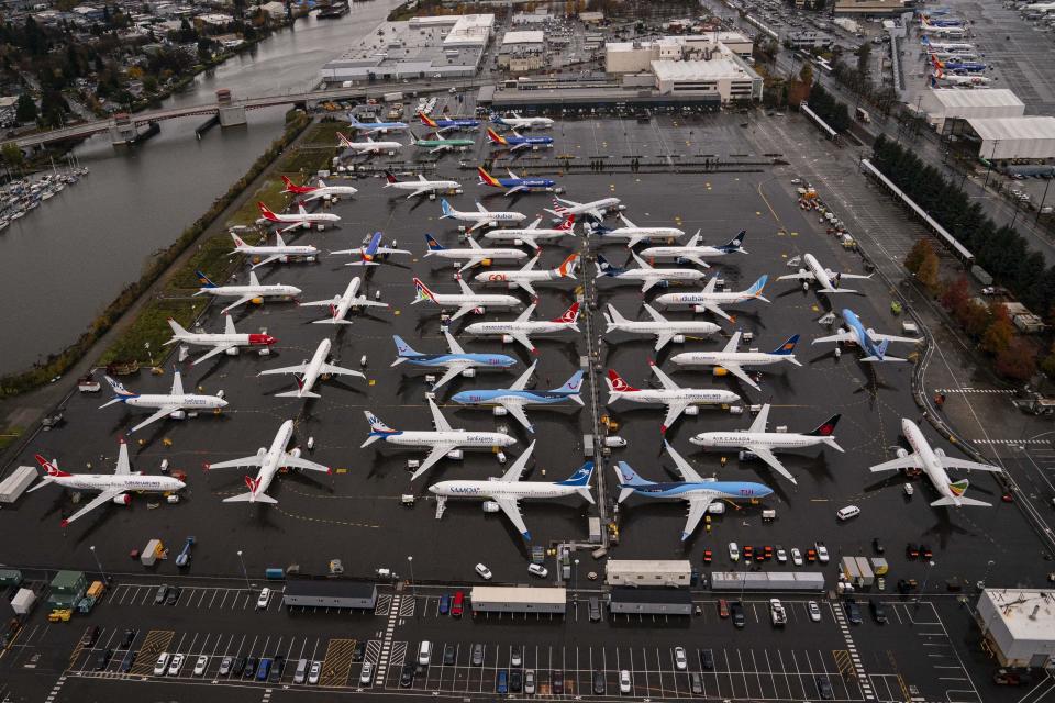 Boeing 737 Max airplanes sit parked at the company's production facility in Renton, Washington, on November 18, 2020. / Credit: David Ryder / Getty Images