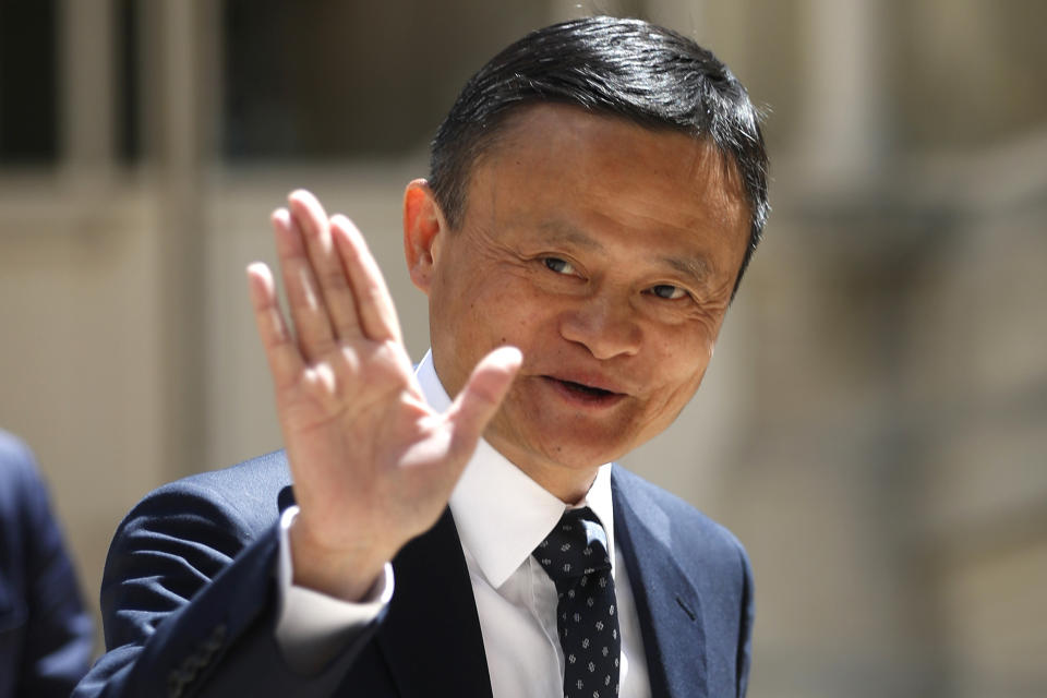 FILE - In this May 15, 2019, file photo, founder of Alibaba group Jack Ma arrives for the Tech for Good summit in Paris. Ma hasn't been seen in public since he angered regulators with an October 2020 speech. That is prompting speculation about what might happen to the billionaire founder of the world's biggest e-commerce company. (AP Photo/Thibault Camus, File)