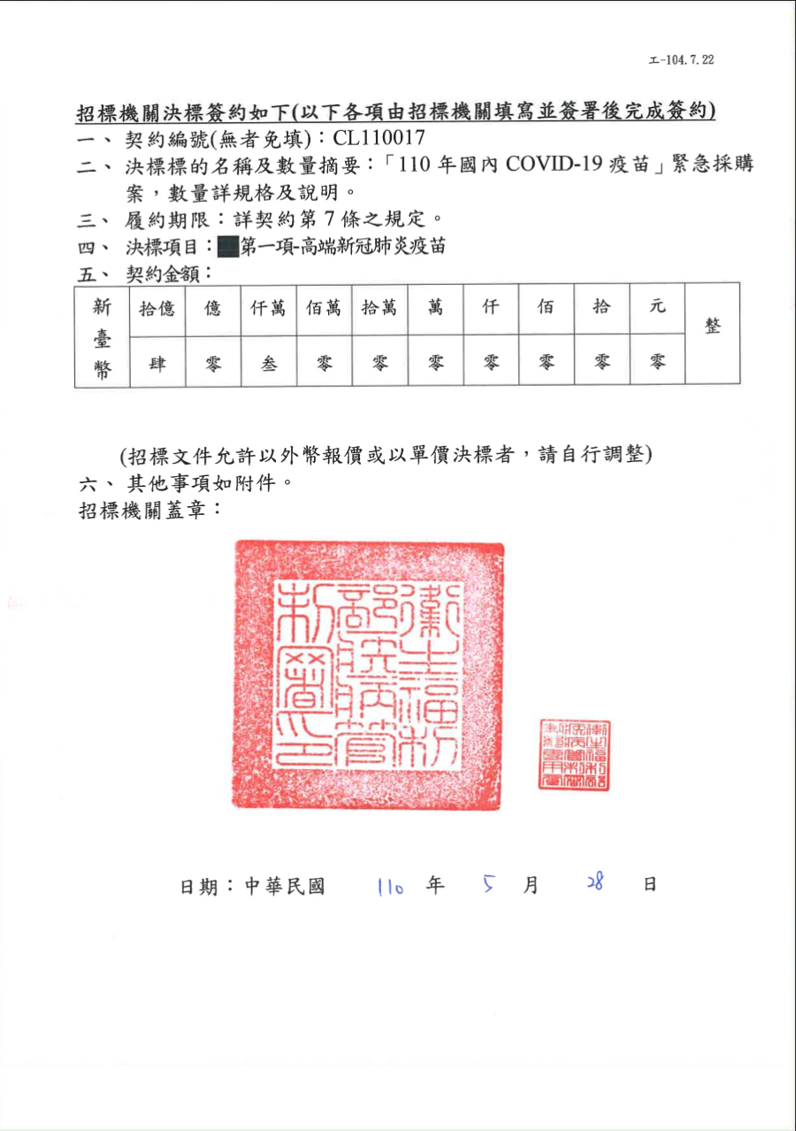 高端合約書。疾管署提供