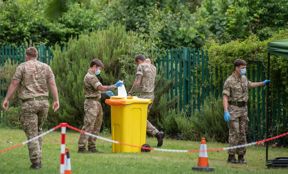 Members of the military set up a walk-in mobile Covid-19 testing centre at Spinney Hill Park in Leicester as the city may be the first UK location to be subjected to a local lockdown after a spike in coronavirus cases.