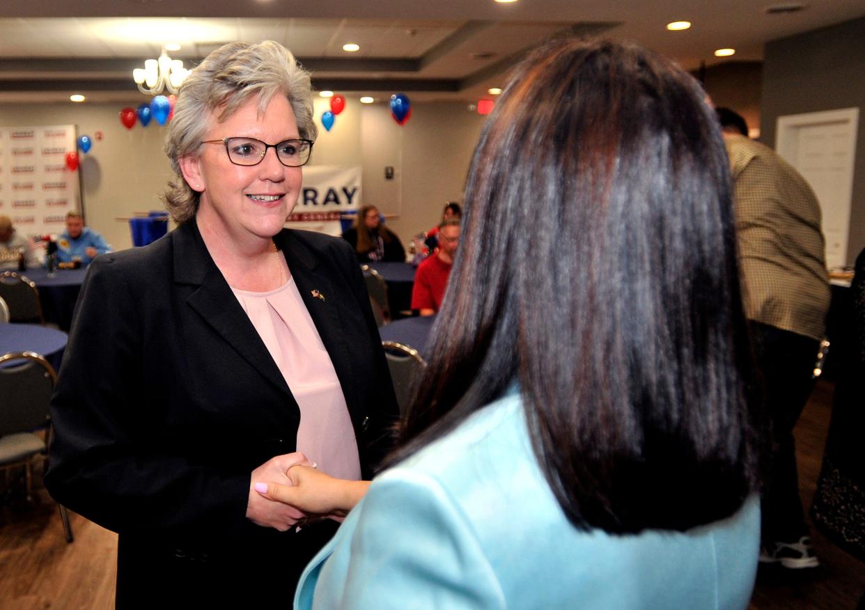 Julianne Murray greets supporters Tuesday night at the Delaware State Troopers Association building near Cheswold. Murray, the chair of the Delaware GOP, has said she intends to run for governor on the Republican ticket in 2024.