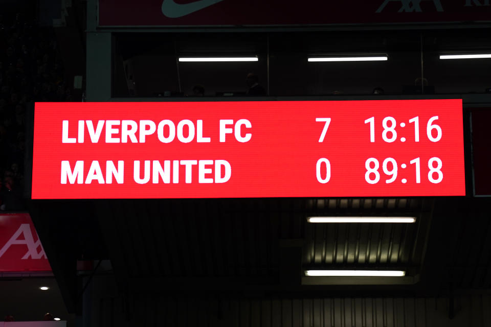 The final score on the large screen, showing 7-0 to Liverpool after the final whistle in the Premier League match at Anfield, Liverpool. Picture date: Sunday March 5, 2023. (Photo by Peter Byrne/PA Images via Getty Images)