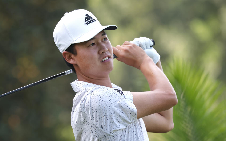 Brandon Wu hits his drive on the ninth hole during the second round of the Wyndham Championship golf tournament, Friday, Aug. 5, 2022, in Greensboro, NC. (AP Photo/Reinhold Matay)