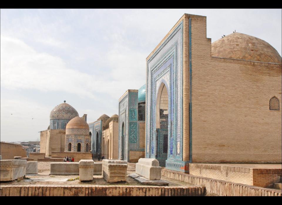 The Shah-i-Zinda (the Living King) necropolis in Samarkand, Uzbekistan, was formed over nine centuries and today includes more than 20 ornate buildings and mausoleums featuring some of the most exquisite tile work on earth.    Established more than 1,000 years ago, the site is believed to be the resting place of the Prophet Muhammed’s cousin, Kusam ibn Abbas, who brought the Islamic religion to the area in the seventh century.    The earliest buildings on the site date back to the 11th century, with the majority of the works completed in the 14th and 15th centuries.    The most beautiful tomb, the 14th century Shadi Mulk Aka Mausoleum, belongs to the wife of Turko-Mongol ruler Tamerlane.    As an important place of pilgrimage, visitors to Shah-i-Zinda should be respectful to worshippers and dress conservatively.