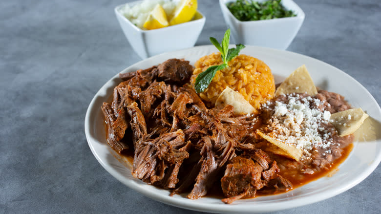 plate of birria, rice, and beans