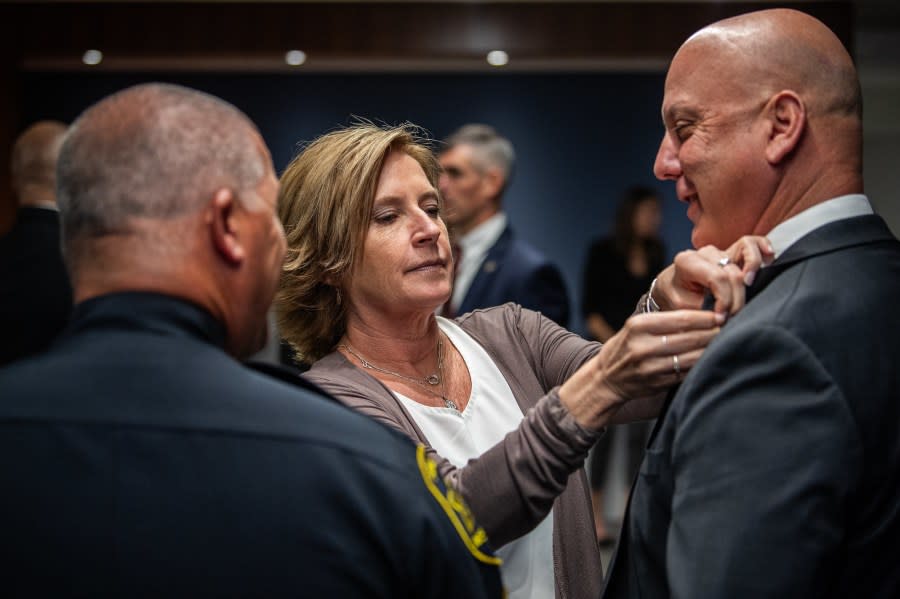 <em>Investigator Scott Chambers receives a Purple Heart from the U.S. Marshals Service (Courtesy of City of Chesapeake </em>