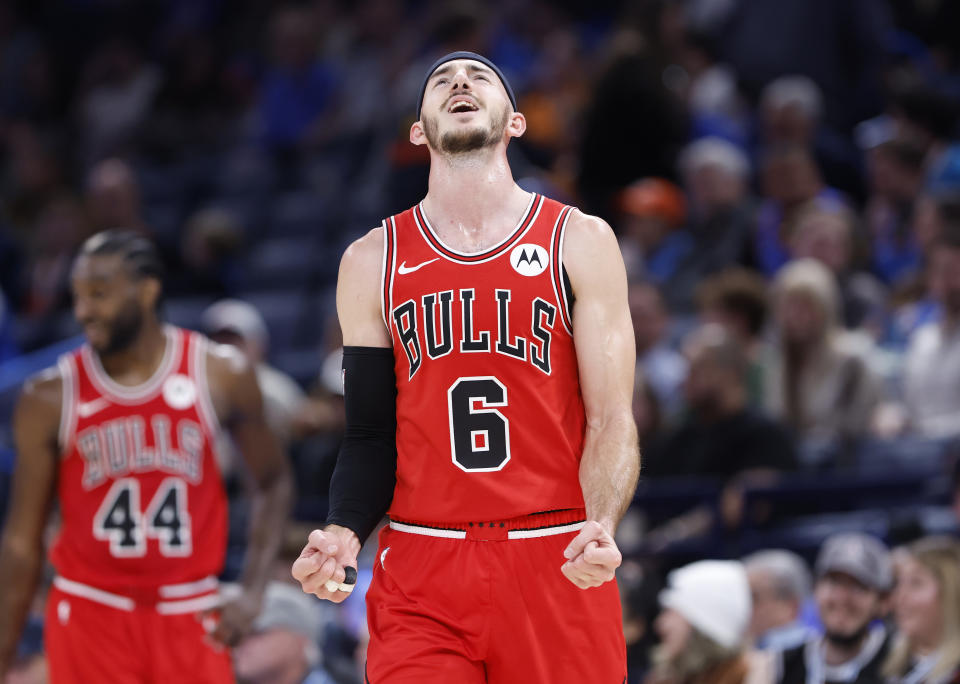 Nov 22, 2023; Oklahoma City, Oklahoma, USA; Chicago Bulls guard <a class="link " href="https://sports.yahoo.com/nba/players/5754" data-i13n="sec:content-canvas;subsec:anchor_text;elm:context_link" data-ylk="slk:Alex Caruso;sec:content-canvas;subsec:anchor_text;elm:context_link;itc:0">Alex Caruso</a> (6) gestures after a foul against the Oklahoma City Thunder during the second half at Paycom Center. Mandatory Credit: Alonzo Adams-USA TODAY Sports