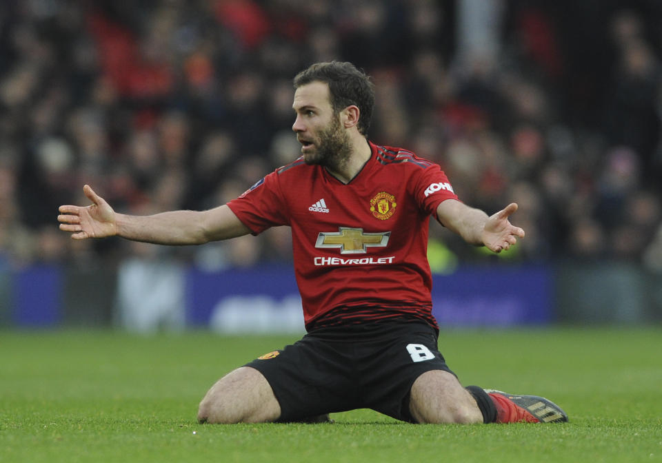 Manchester United's Juan Mata reacts during the English FA Cup third round soccer match between Manchester United and Reading at Old Trafford in Manchester, England, Saturday, Jan. 5, 2019. (AP Photo/Rui Vieira)