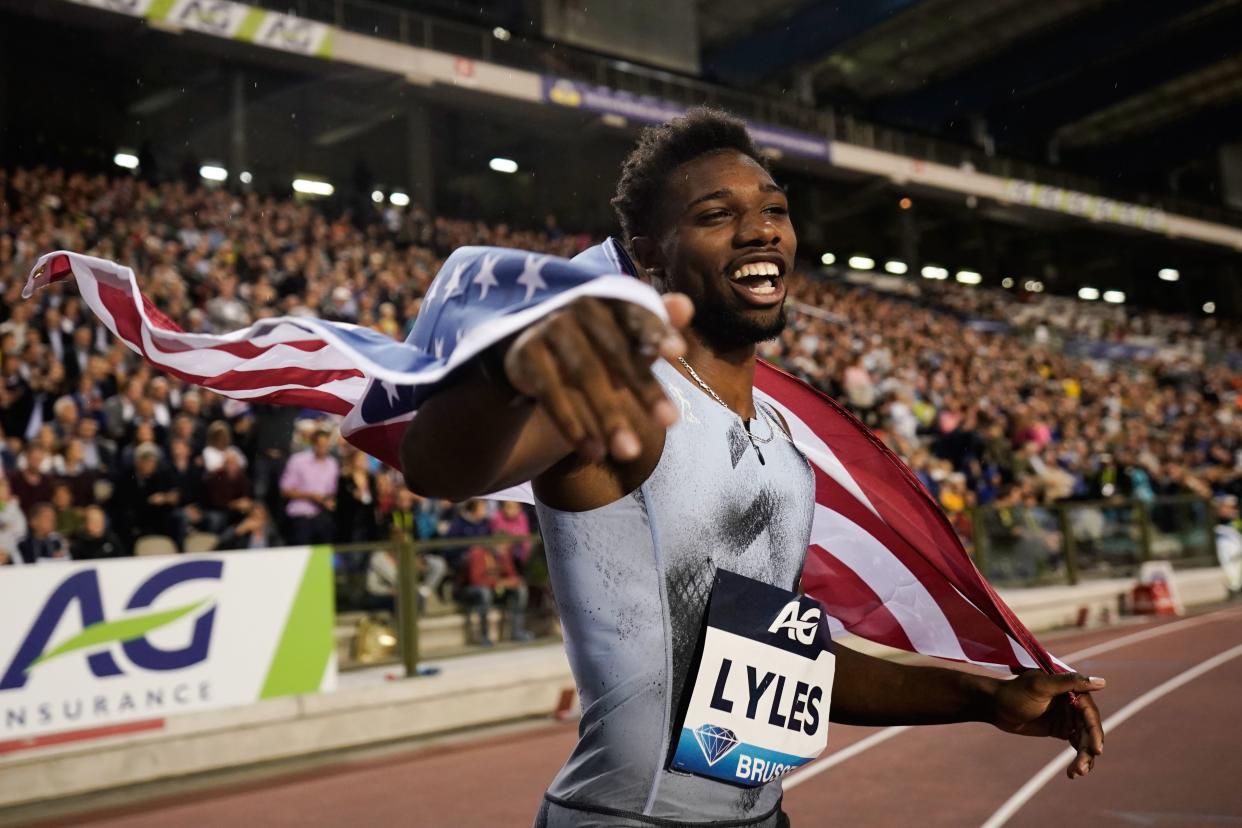 US Noah Lyles celebrates after winning in the Men's 200m race during the IAAF Diamond League competition on September 6, 2019 in Brussels. (Photo by Kenzo TRIBOUILLARD / AFP)        (Photo credit should read KENZO TRIBOUILLARD/AFP/Getty Images)