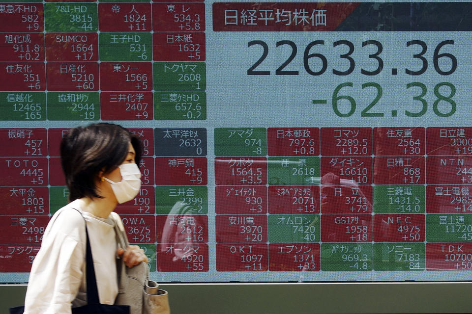 A woman walks past an electronic stock board showing Japan's Nikkei 225 index at a securities firm in Tokyo Friday, June 5, 2020. Asian markets are mostly lower after Wall Street rally takes a breather, as investors parse unemployment data. (AP Photo/Eugene Hoshiko)