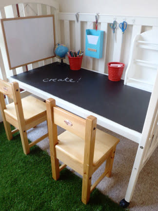 <div class="caption-credit"> Photo by: Apartment Therapy</div><div class="caption-title">Crib Turned Craft Table</div>Have an old crib? Instead of kicking it to the curb, rework it into an awesome toddler-sized craft station! Talk about buying a crib to grow with your little one. Amazing! <br> <i><a href="http://www.babble.com/crafts-activities/upcycled-10-crafts-that-you-can-make-from-trash-and-turn-into-treasure/?cmp=ELP|bbl|lp|YahooShine|Main||031313||Upcycled10CraftsThatYouCanMakeFromTrashAndTurnIntoTreasure|famE|||" rel="nofollow noopener" target="_blank" data-ylk="slk:Get the tutorial at Apartment Therapy;elm:context_link;itc:0;sec:content-canvas" class="link ">Get the tutorial at Apartment Therapy</a> <br> <a href="http://www.babble.com/home/25-totally-clever-toy-storage-tips-tricks-2/?cmp=ELP|bbl|lp|YahooShine|Main||031313||Upcycled10CraftsThatYouCanMakeFromTrashAndTurnIntoTreasure|famE|||" rel="nofollow noopener" target="_blank" data-ylk="slk:Related: 25 totally clever ways to store your kids' toys;elm:context_link;itc:0;sec:content-canvas" class="link "><b>Related: 25 totally clever ways to store your kids' toys</b></a> <br></i>