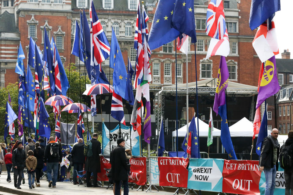 LONDON, UNITED KINGDOM - 2019/10/23: EU, Union Jack flags and placards displayed by Brexit protesters in Westminster, a day after the UK government paused the parliamentary process for the Brexit Bill. Pressure for a pre-Christmas general election was mounting as British Prime Minister Boris Johnson faced an anxious wait over the Brexit extension request. (Photo by Steve Taylor/SOPA Images/LightRocket via Getty Images)