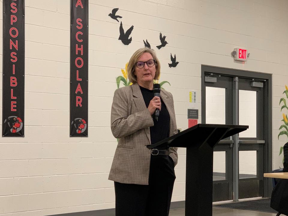 Ann Scheel, chair of administration for Maricopa County Sheriff's Office, provides updates on the department's compliance efforts with three court orders stemming from the Melendres v. Arpaio racial profiling lawsuit at a community meeting in Guadalupe Oct. 19, 2023.