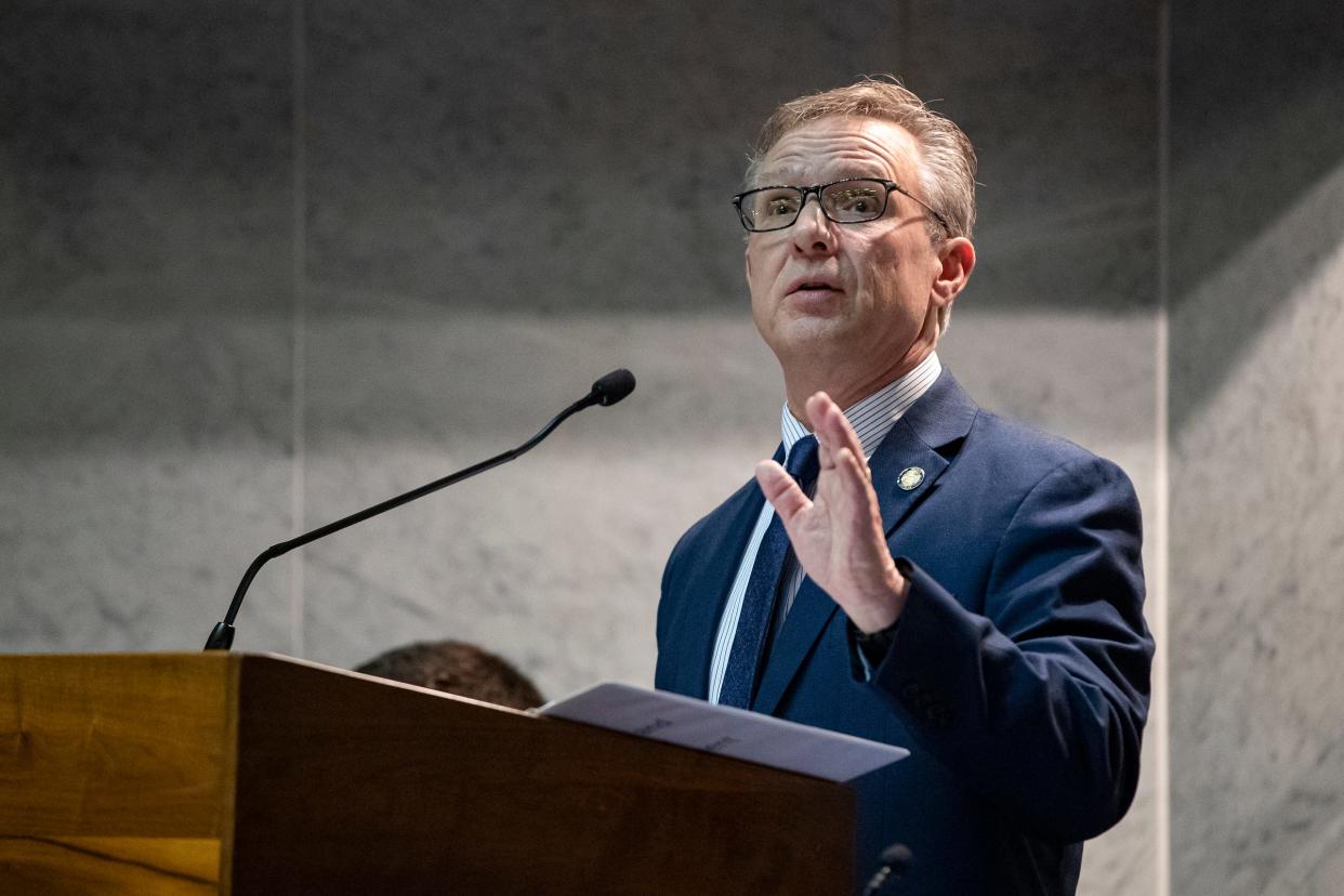 Sen. Jeff Raatz leads the Senate education committee hearing on Wednesday, Feb. 9, 2022, at the Statehouse in Indianapolis. Raatz is running in the 2024 Republican primary for the 6th Congressional District.