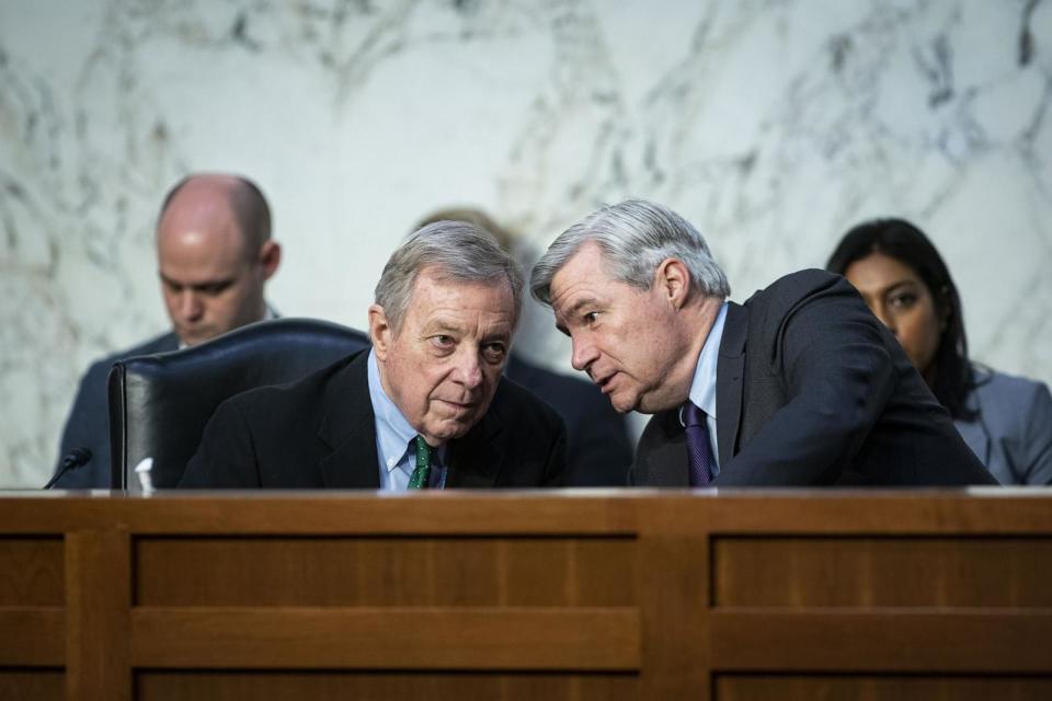 PHOTO: In this March 24, 2022, file photo, Senator Dick Durbin speaks with Senator Sheldon Whitehouse during a confirmation hearing for Ketanji Brown Jackson, associate justice of the U.S. Supreme Court, in Washington, D.C. (Bloomberg via Getty Images, FILE)