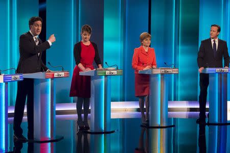 (L-R) Ed Miliband the leader of the Labour Party, Leanne Wood the leader of Plaid Cymru, Nicola Sturgeon the leader of the SNP and David Cameron the leader of the Conservative Party and Britain's current prime minister take part in the leaders televised election debate at Media City in Salford in Northern England, in this April 2, 2015 handout picture provided by ITV. REUTERS/Ken McKay/ITV/Handout via Reuters