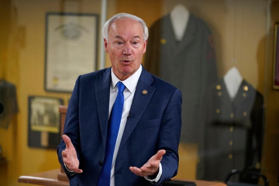 Republican presidential candidate former Arkansas Gov. Asa Hutchinson speaks during a meet and greet at the VFW Post 9127, Thursday, April 13, 2023, in Des Moines, Iowa.