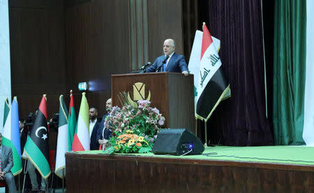 Iraqi Prime Minister Haider al-Abadi speaks during an Arab media conference in Baghdad, Iraq, December 9, 2017. Iraqi Prime Minister Media Office/Handout via REUTERS