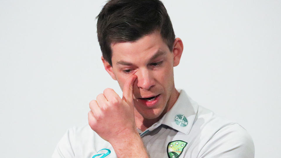 Seen here, Tim Paine is reduced to tears after stepped down as Australia's Test cricket captain over a sexting scandal.