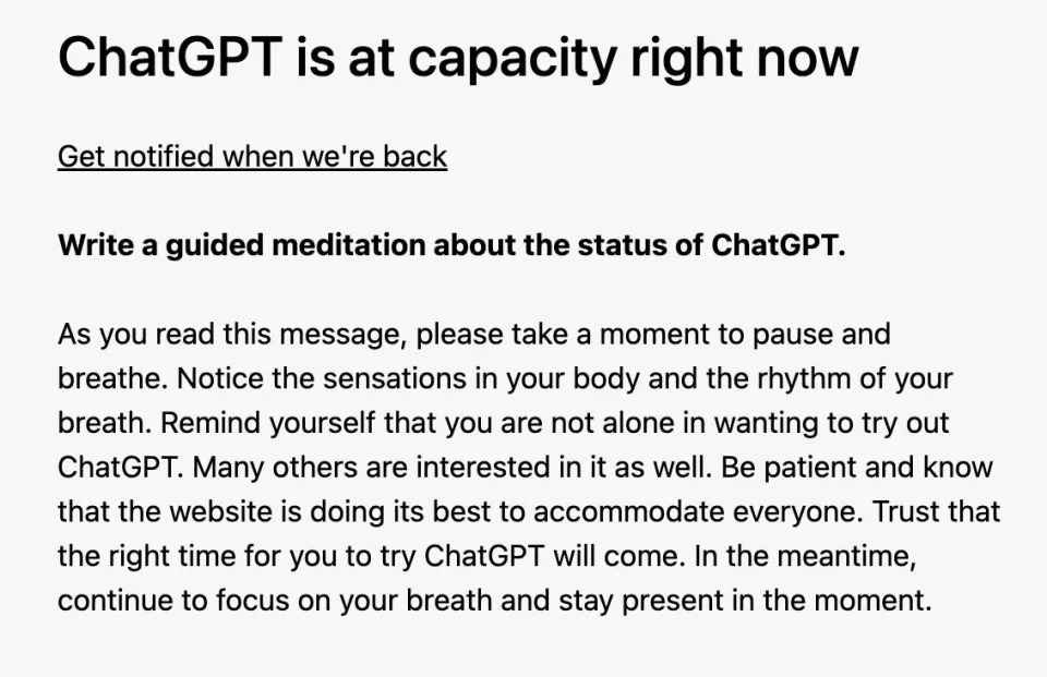 a message that reads "ChatGPT is at capacity right now," along with an AI-generated guided meditation saying the website is at peak use now