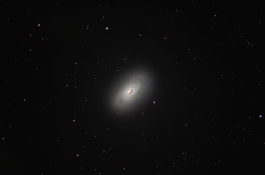 Die Black-Eye-Galaxie leuchtet hell, hat aber einen deutlichen dunklen Fleck, der eine Seite des Galaxienzentrums bedeckt.