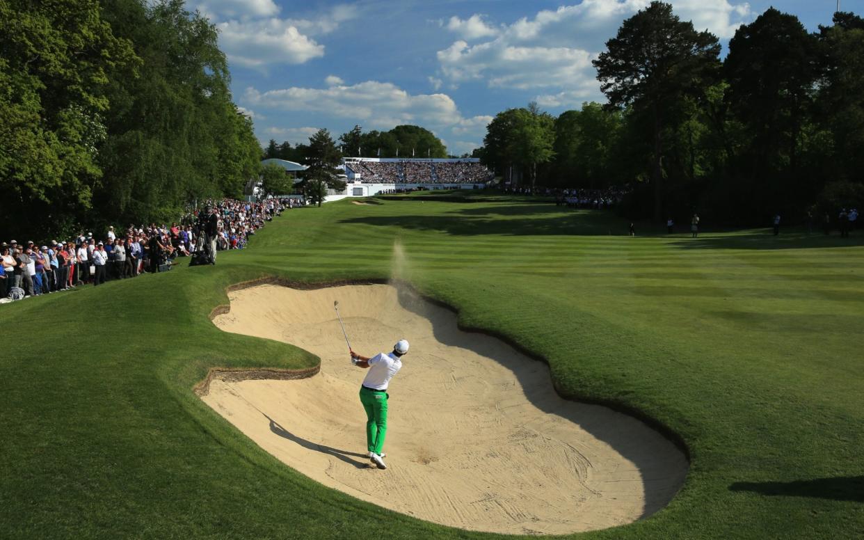 Matteo Manassero of Italy plays his secons shot on the eighteenth hole during the final round of the BMW PGA Championship on the West Course at Wentworth  - David Cannon/Getty Images Contributor 