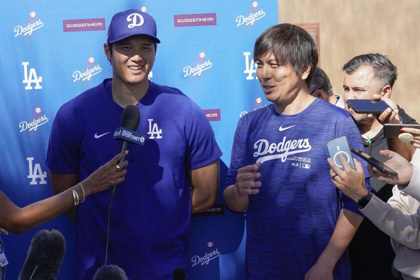 Dodgers star Shohei Ohtani and his translator Ippei Mizuhara addresses the media on Feb. 29 at Camelback Ranch
