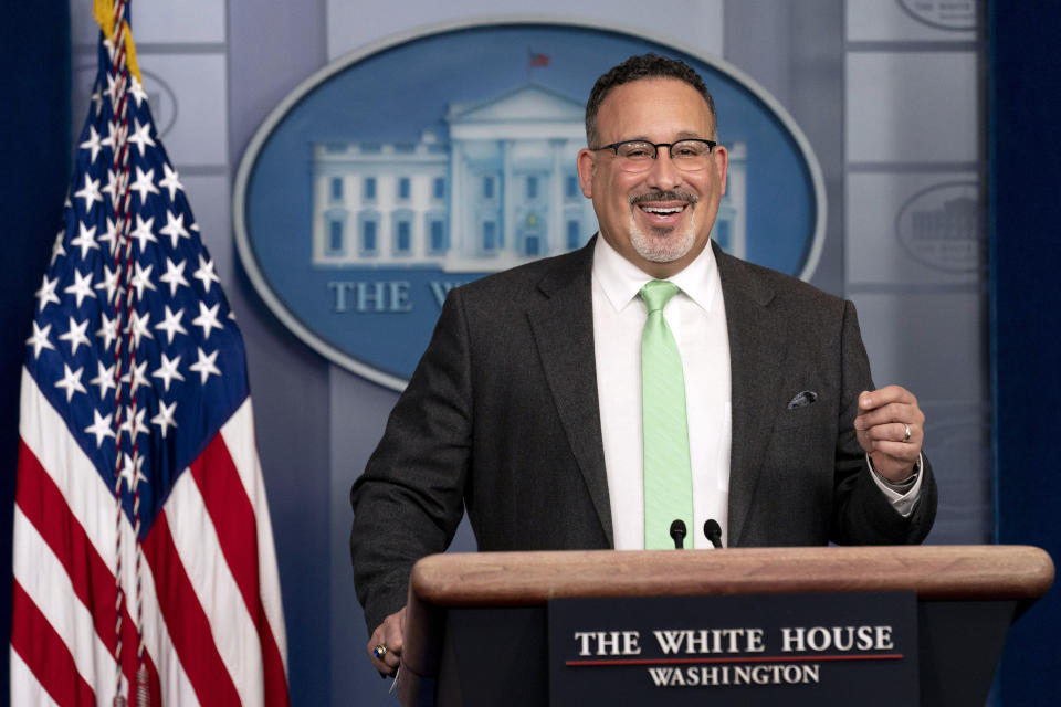 Education Secretary Miguel Cardona speaks during a press briefing at the White House, Wednesday, March 17, 2021, in Washington. (AP Photo/Andrew Harnik)