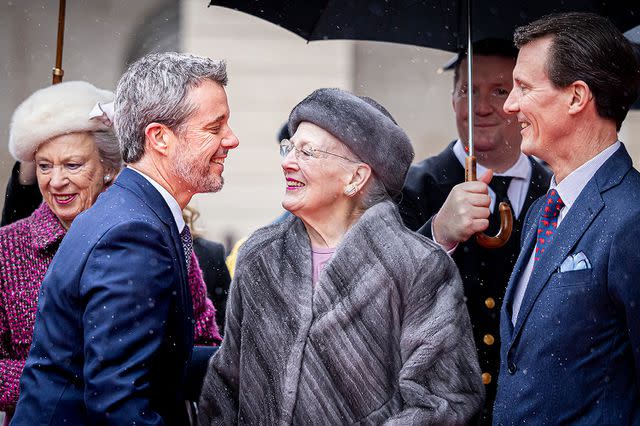 <p>Patrick van Katwijk/Getty </p> King Frederik, Queen Margrethe and Prince Joachim of Denmark on Jan. 15, 2024