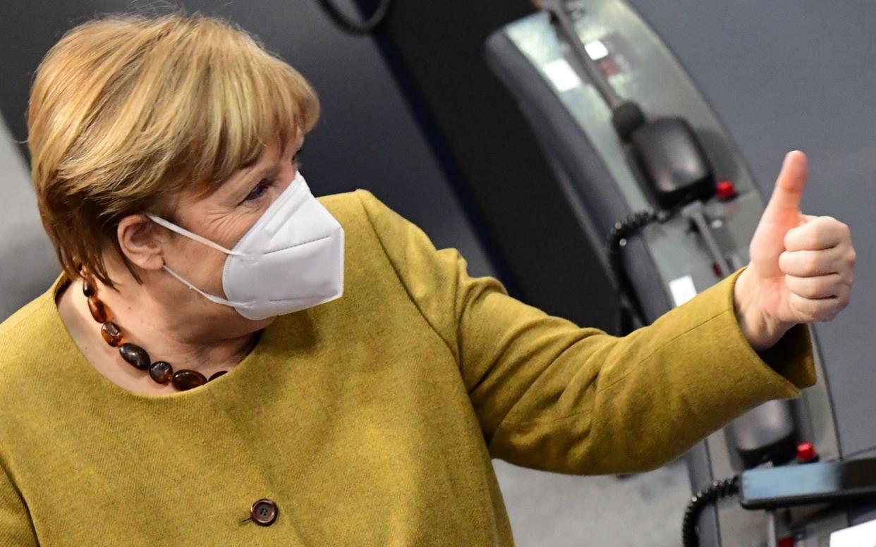 Angela Merkel has previously said she would not take AstraZeneca's jab because it was not recommended for her as a 66-year-old - CLEMENS BILAN/EPA-EFE/Shutterstock 