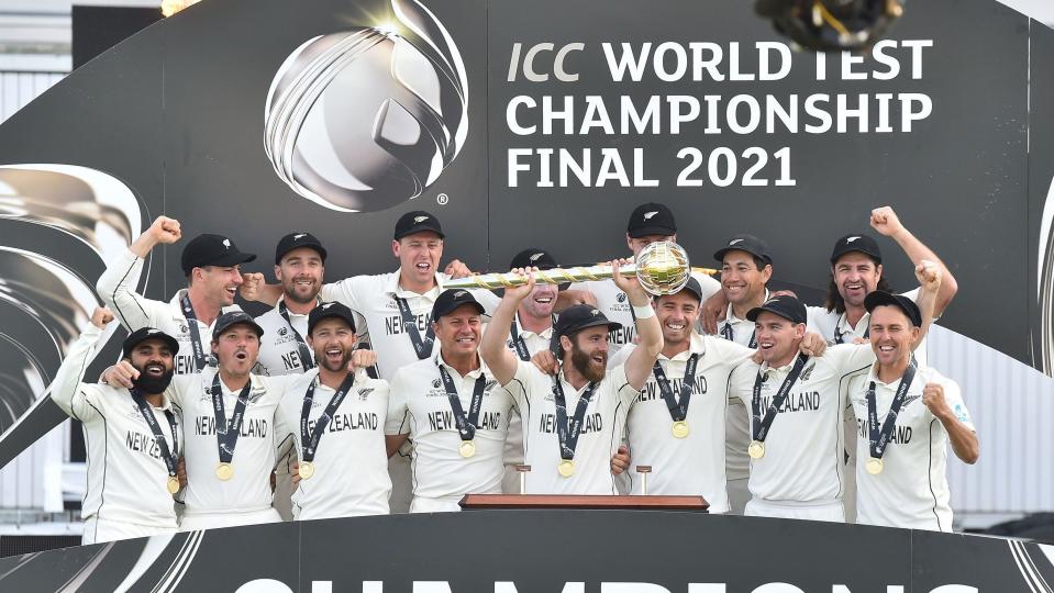 New Zealand players celebrate after being handed the ICC Test Championship Mace in Southampton on Wednesday.