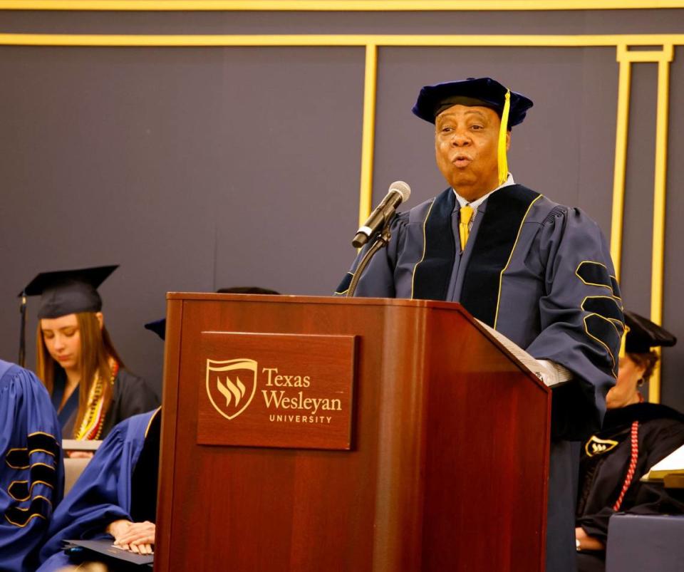 Glenn Lewis, chairman of the Texas Wesleyan Board of Trustees, speaks during the investiture of Emily W. Messer, the 21st and first female president in Texas Wesleyan history.