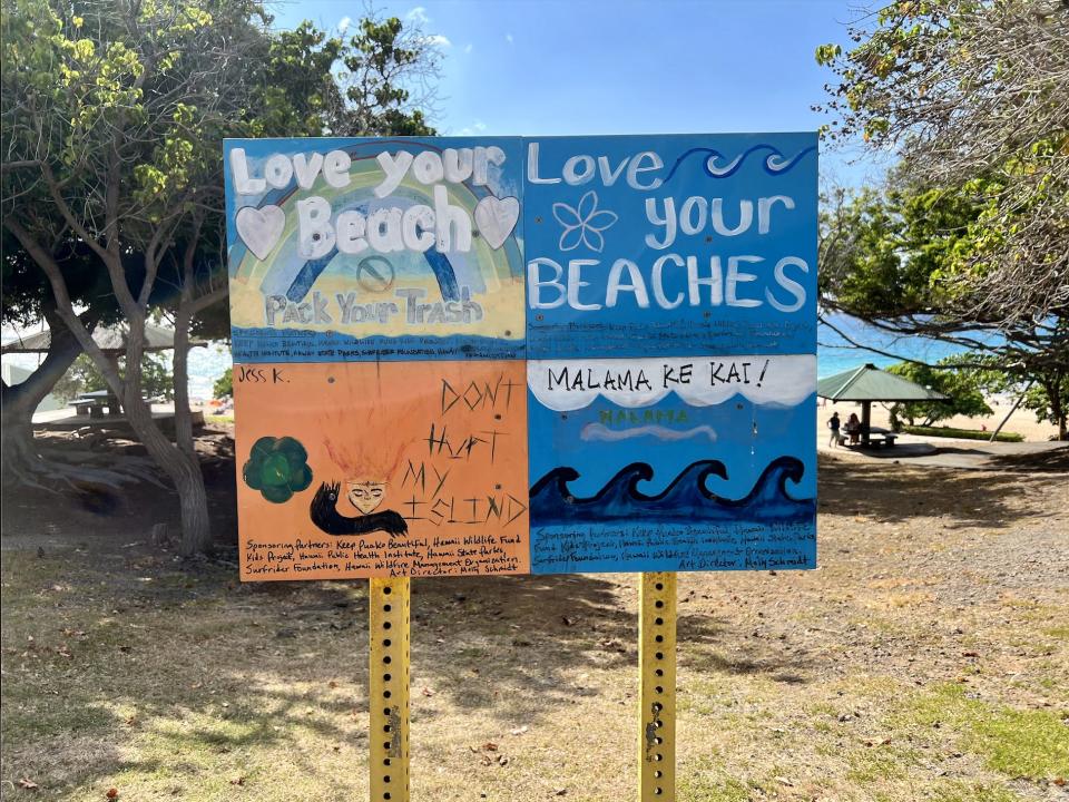 The handmade signs to protect the beaches at Hapuna beach