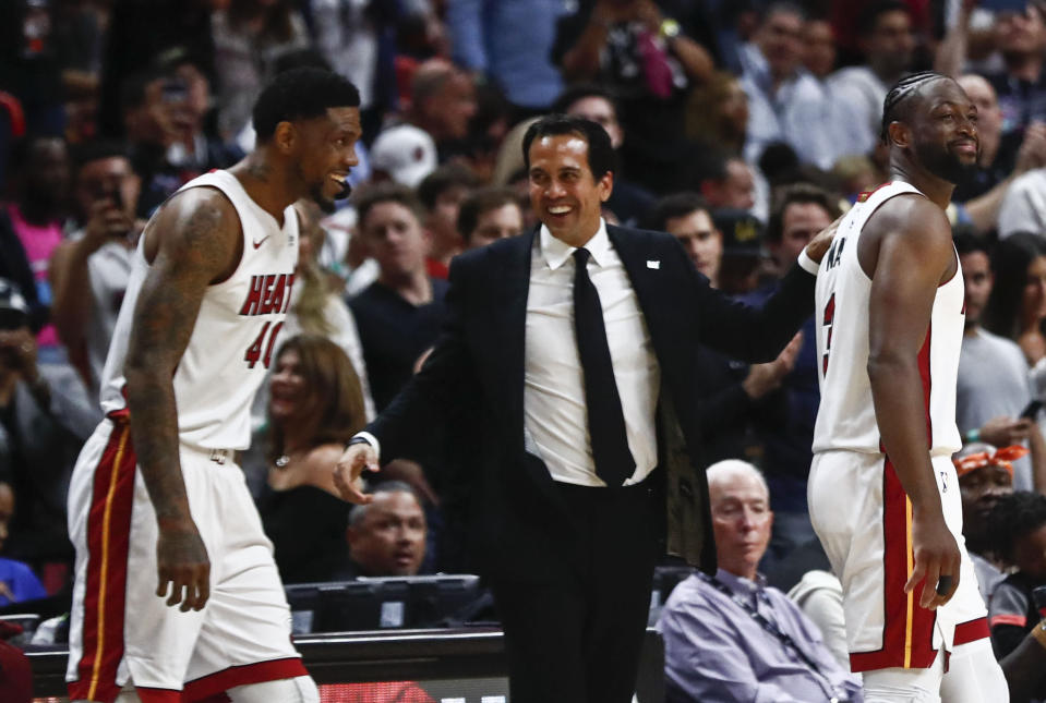 熱火教練Erik Spoelstra（圖中）。（AP Photo/Brynn Anderson）