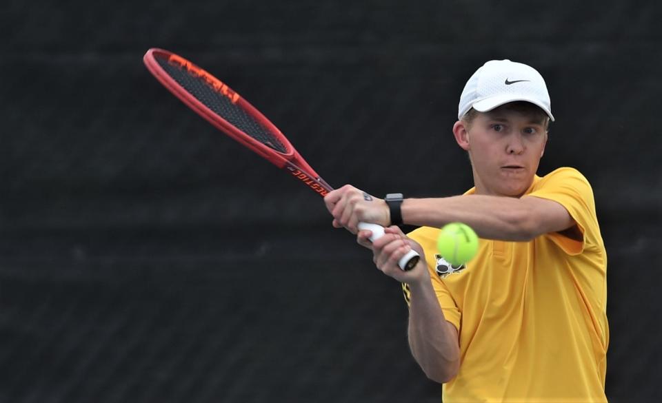 Abilene High's Griffin Sullivan returns a shot against Frisco Liberty's Sanjheev Rao in the Class 5A boys singles state quarterfinal match. Rao won 6-0, 6-3 at the Class 5A state tournament Tuesday at Northside Tennis Center in Helotes.