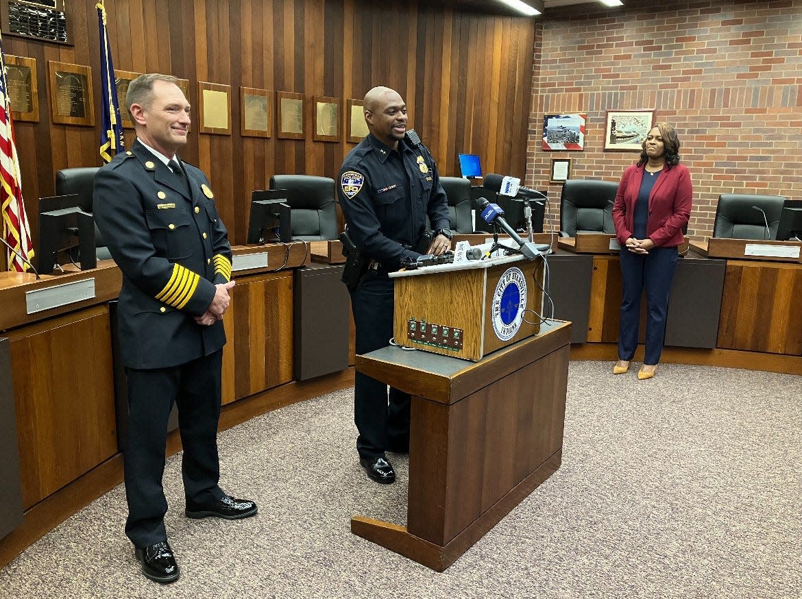 Tony Knight, left, and Phil Smith, center, were appointed to head the Evansville Fire Department and Evansville Police Department on Monday by Evansville Mayor Stephanie Terry (at right).