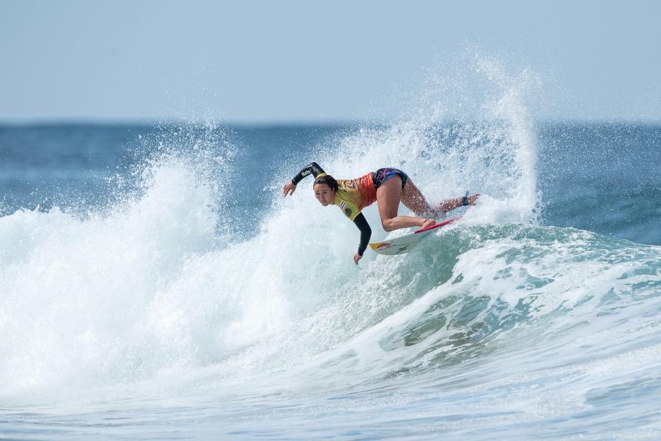 Carissa Moore competes in the semifinal of the Rip Curl Narrabeen Classic at Narrabeen Beach in Sydney, Australia, on April 20, 2021.