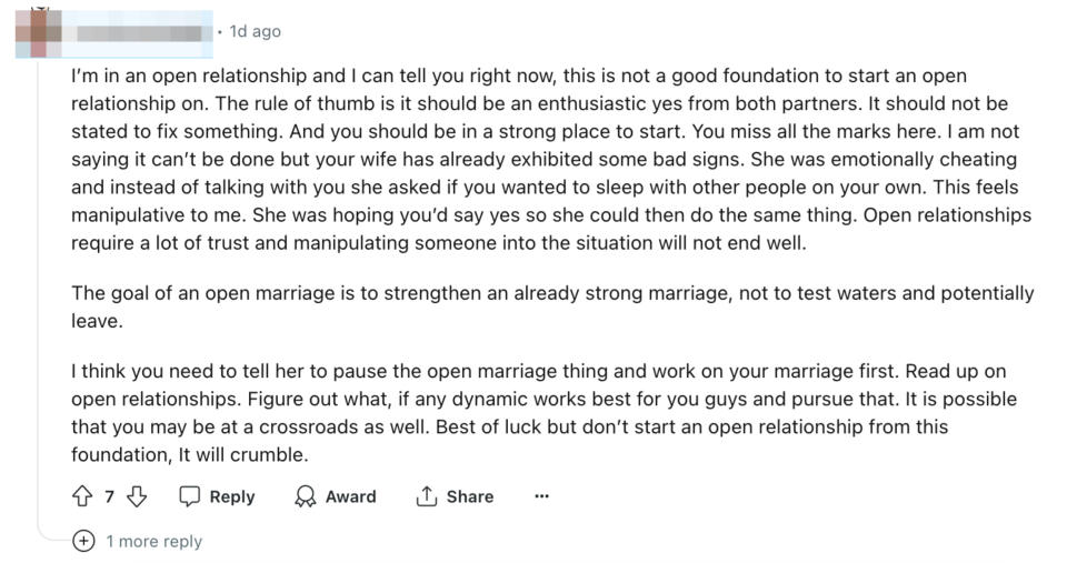 Reddit post by user Low-Goal-9068 advising against starting an open relationship if there is pressure or emotional turmoil, stressing communication and mutual enthusiasm