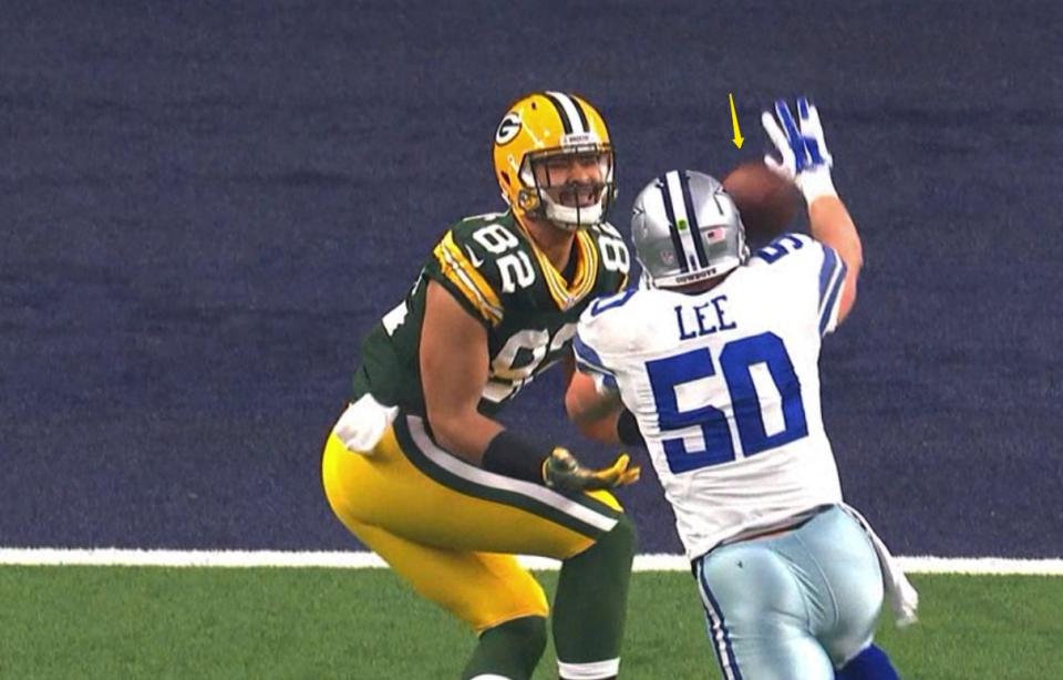 How did Aaron Rodgers' first TD pass not hit Sean Lee's arm or helmet? (@ESPNNFL)