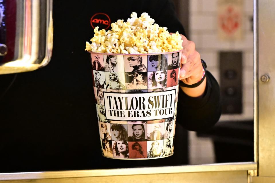 A tub of popcorn in US singer Taylor Swift's merchandise is pictured during the u0022Taylor Swift: The Eras Touru0022 concert movie world premiere at AMC Century City theatre in Century City, California on October 12, 2023.