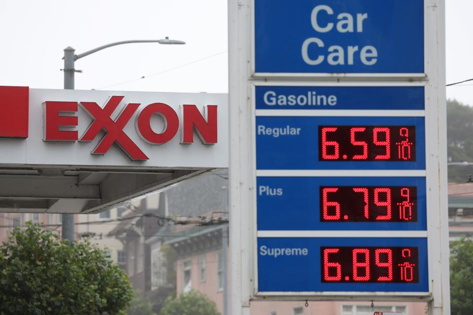 Gas prices are displayed at an Exxon gas station on July 5 in San Francisco, California.