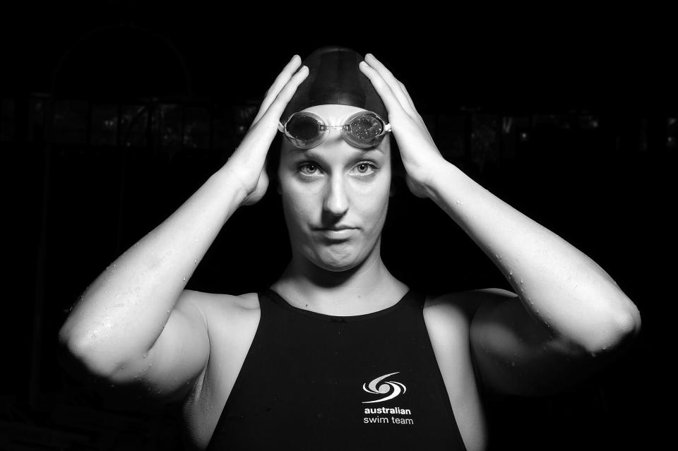 BRISBANE, AUSTRALIA - APRIL 13: (EDITORS NOTE: Image has been converted to black and white.) Australian swimmer Brittany Elmslie poses during a portrait session at Sleeman Sports Complex on April 13, 2012 in Brisbane, Australia. (Photo by Matt Roberts/Getty Images)