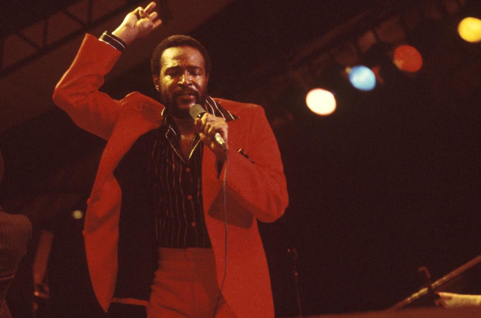 American singer, songwriter and record producer Marvin Gaye (1939-1984) performs live on stage during a Kool Jazz Festival concert performance in the United States in July 1976. (Photo by David Redfern/Redferns)