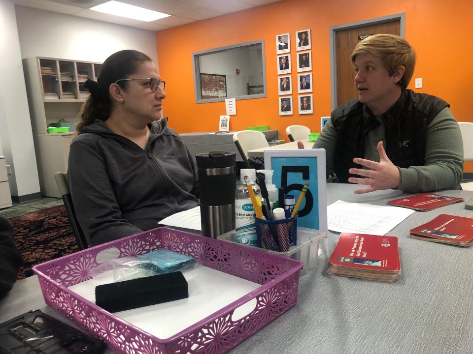 Valentina Jaurer, left, talks with tutor Sarah Ryckman about the Declaration of Independence at La Casa de Amistad in South Bend. La Casa offers three, 10-week courses a year to help people prepare to take the U.S. citizenship test.